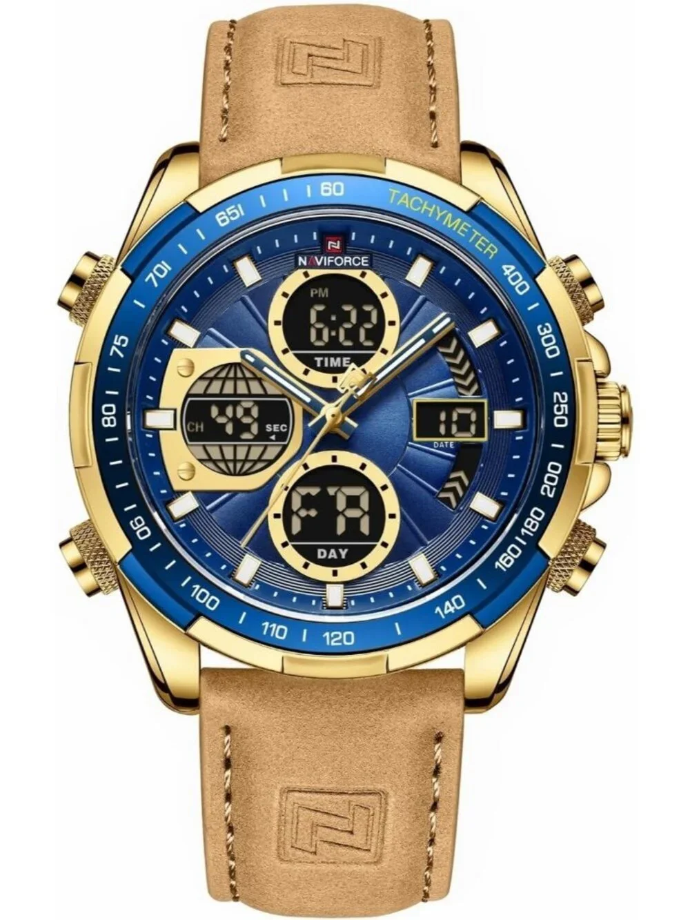 Men's Tan Blue Analog Quartz Waterproof Chronograph Classic Stylish Casual Watch